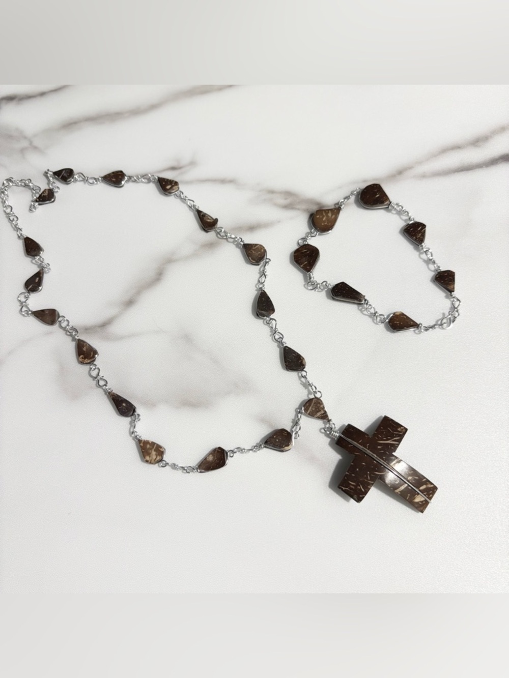 Polished Coconut Husk Wire Wrapped Cross Necklace and Matching Bracelet